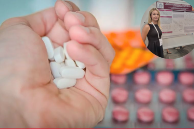 osoba drži lijekove u ruci, dok se ostatak lijekova nalazi u pozadini, a u gornjem desnom kutu je magistra farmacije Ana babić Perhoč