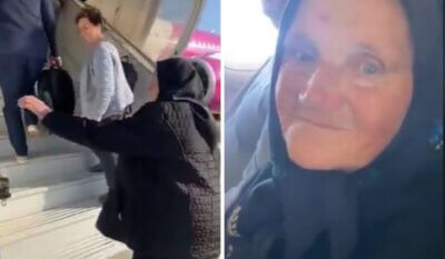 na prvoj slici baka ulazi u avion, na drugoj baka s osmijehom na licu u avionu