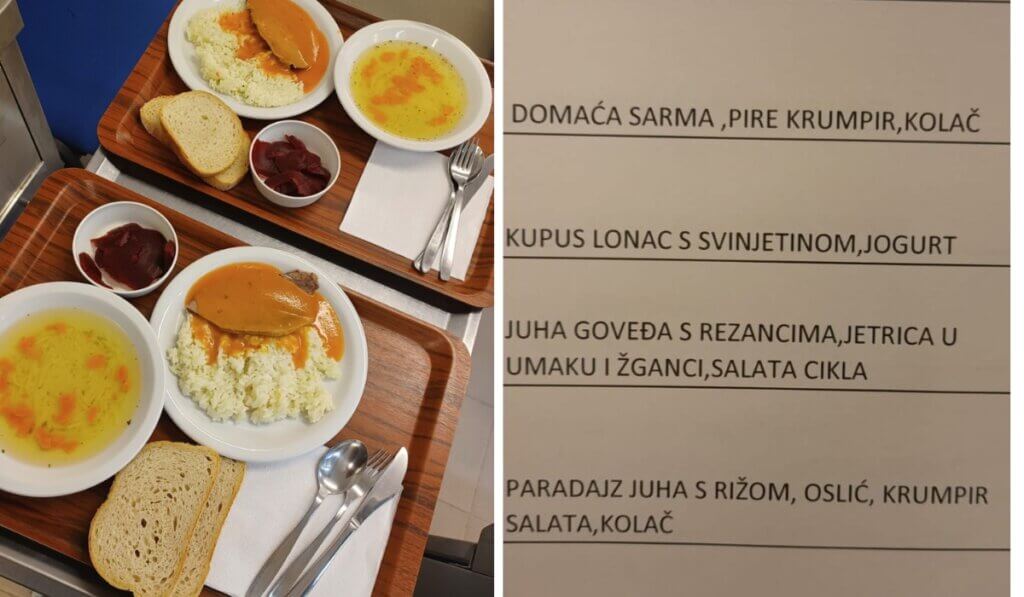 Topli obroci u Domu za starije osobe; s lijeve strane se nalazi hrana na tacni, a s desne je primjer jelovnika