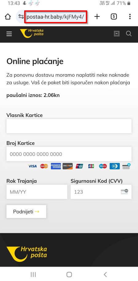 'Putem SMS poruka širi se lažna obavijest o nemogućnosti dostave paketa zbog nepotpunih informacija. Nemojte otvarati poveznice koje se u njima nalaze jer se time izlažete riziku od krađe vlastitih bankovnih podataka.