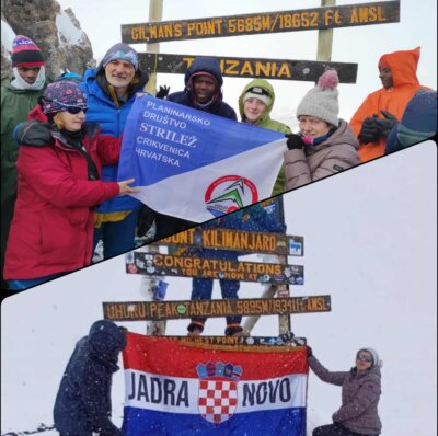 Planinari na Kilimandžaru sa zastavom Planinarskog društva, a na fotografiji ispod baka i unuka sa zastavom Jadranova