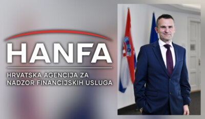 Predsjednik Upravnog vijeća Ante Žigman i HANFA-in logo (Hrvatska agencija za nadzor financijskih usluga).