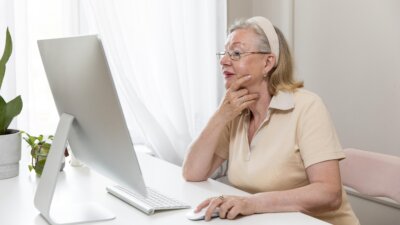 Plavokosa umirovljenica koristi osobno računalo.