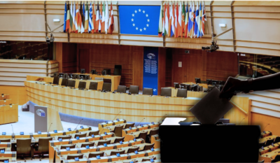Europski parlament i ruka koja ubacuje listić u glasačku kutiju