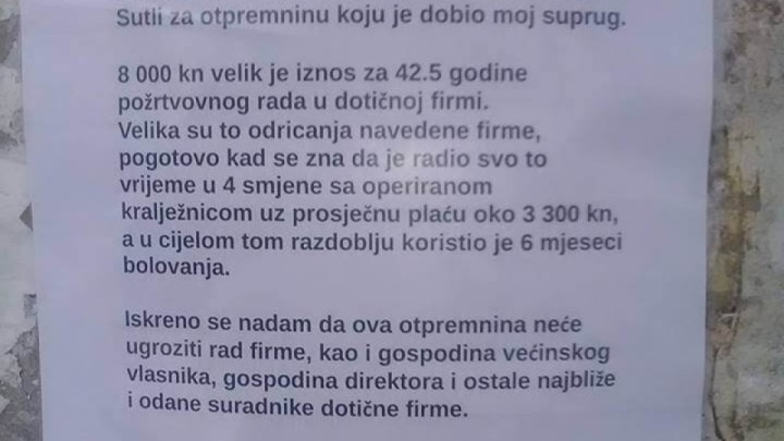 [FOTO] Internetom se širi pismo zahvale zbog otpremnine od 8.000 kuna za 42 godine rada