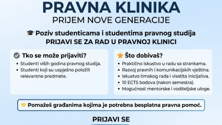 Otvorene prijave za rad u Pravnoj klinici Pravnog fakulteta Sveučilišta u Zagrebu